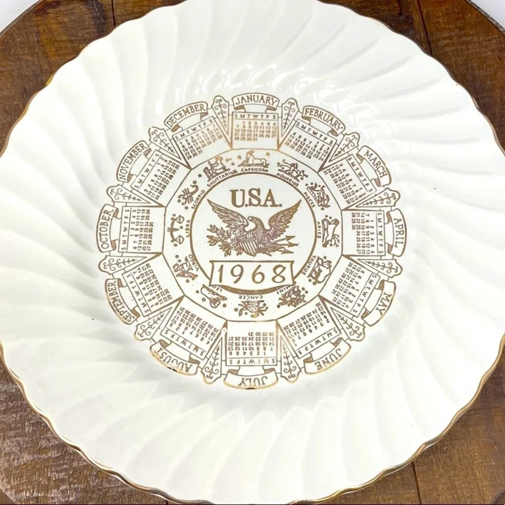 SHEFFIELD White Bone China 1968 USA Calendar Decorative Plate 10-1/4” Vintage
